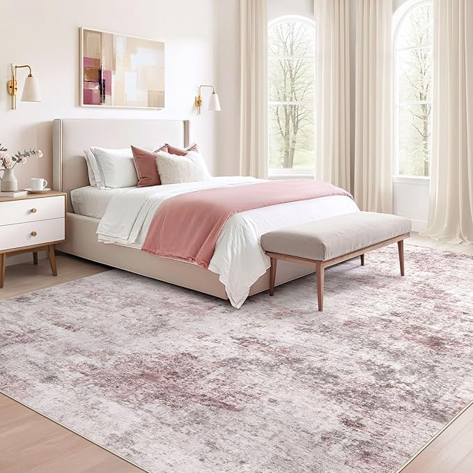 UERMEI 8x10 Washable Area Rug - Neutral Modern Abstract Living Room Rugs, Non-Slip Soft Large Indoor Floor Carpet for Bedroom Home Office & Under Dining Table Decor, Pink Grey