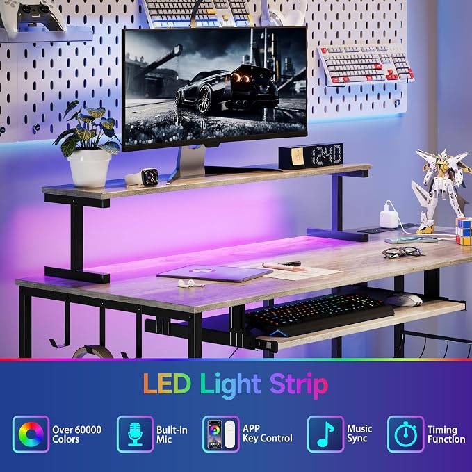 L Shaped Gaming Desk with Power Outlets & RGB Lights, 46'' L- Shaped Desk Computer Corner Desk with Monitor Stand & Storage Shelf & Hook, Home Office Desk Writing Desk, Grey