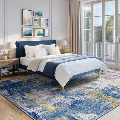 RELEANY Washable Area Rugs 8'x10' Non-Slip Modern Abstract Soft for Living Room Entryway Bedroom Kitchen, Print Pattern, Grey Blue Gold/Golden