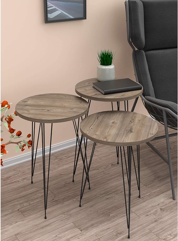Set of 3 Pine Wood Grey Nesting End Tables Round Wood Stacking Coffee Side Accent Table with Metal Legs for Living Room, Home Office, Nightstands for Bedroom