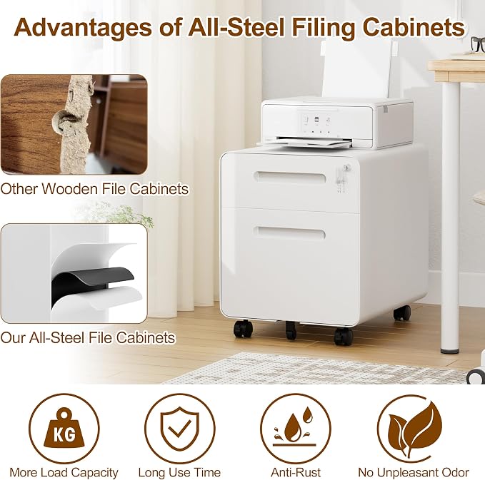 File Cabinet, Mobile Filing Cabinet with Lock, All Steel Structure Printer Stand, Fully Assembled Except Casters, Under Desk Storage for Home Office, 2 Drawers Document Organizer, White