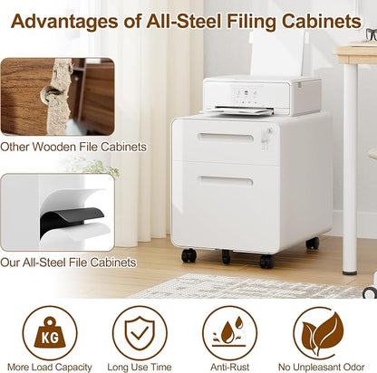 File Cabinet, Mobile Filing Cabinet with Lock, All Steel Structure Printer Stand, Fully Assembled Except Casters, Under Desk Storage for Home Office, 2 Drawers Document Organizer, White