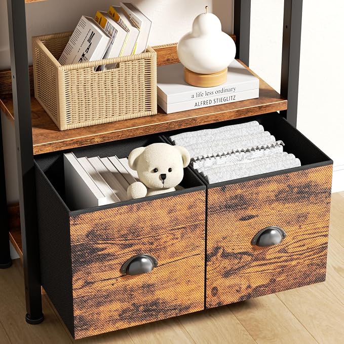 Furologee 6-Tier Bookshelf Set of 2,Tall Bookcase with 2 Drawers and Shelves, Industrial Display Free Standing Shelf Units, Storage Rack Organizer for Bedroom, Living Room, Home Office, Rustic Brown