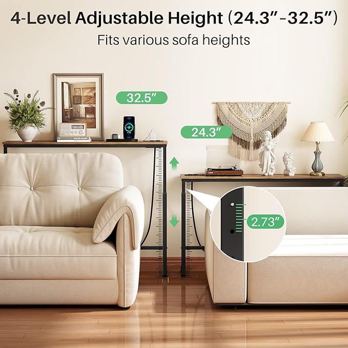 Kitstorack 102.3" Extra Long Behind Couch Table, Adjustable Height Narrow Console Table with 2 Power Strips, Split Design for Separate Wall Use, Anti-Scratch Tip, Rustic Brown for Living Room