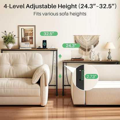 Kitstorack 102.3" Extra Long Behind Couch Table, Adjustable Height Narrow Console Table with 2 Power Strips, Split Design for Separate Wall Use, Anti-Scratch Tip, Rustic Brown for Living Room