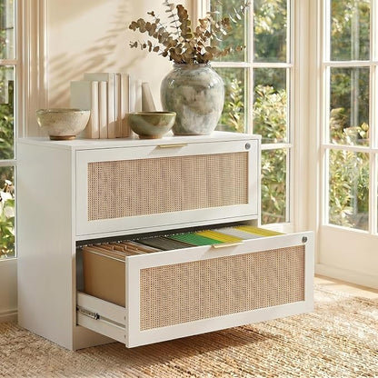 YIGOBUY Lateral File Cabinets for Home Office, 2 Drawer Filing Cabinet with Lock, Wide Rattan Filing Organization Storage Cabinets with Printer Stand for Hanging Files/Letter/Legal/A4/F4 Size, White