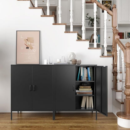 Washsemba Metal Storage Cabinet with Doors and Shelves,Multipurpose Storage Rack, 3-Tier Shelf,Metal Locker Style Accent Cabinet for Home Office,Living Room,Kitchen (Black, 40''H)