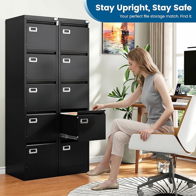 PEUKC 5-Drawer File Cabinet, 16.3" Deep Vertical Metal Filing Cabinet with Lock for Home Office, Anti-Tip 5 Storage Drawers for Letter/Legal/A4/F4 Size (Assemble Required, Black)