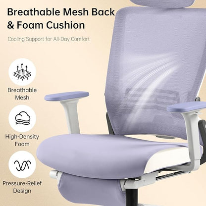Foldable Office Chair with Foot Rest, Ergonomic Office Chair with Adjustable Lumbar Support, Headrest, Armrest, Home Office Desk Chair for Space Saving, Work from Home, Purple
