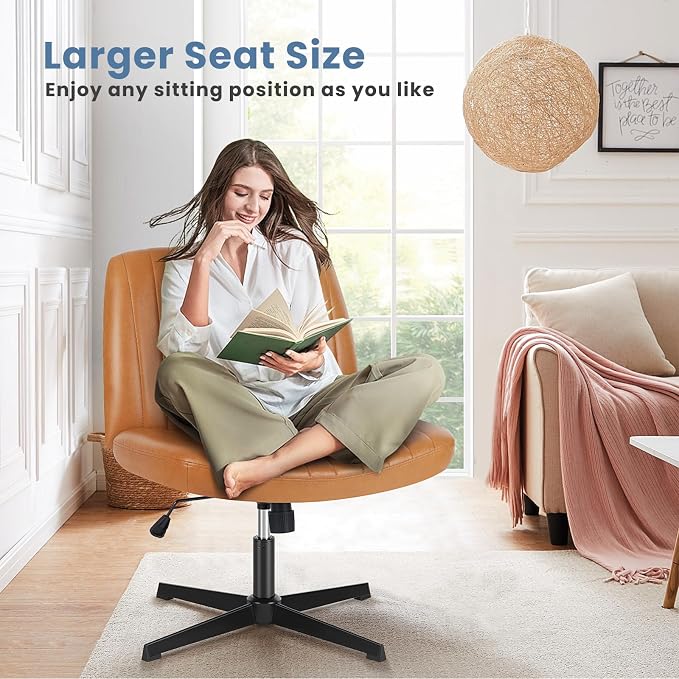 DUMOS Criss Cross Chair No Wheels, Wide Seat Cross Legged Office Desk Vanity Chair, Faux Leather Armless Height Adjustable Swivel Task Computer Chairs for Home, Study, Brown PU