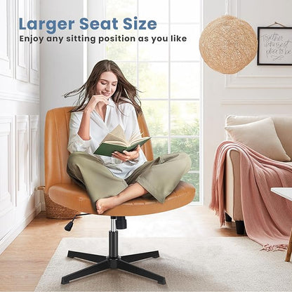 DUMOS Criss Cross Chair No Wheels, Wide Seat Cross Legged Office Desk Vanity Chair, Faux Leather Armless Height Adjustable Swivel Task Computer Chairs for Home, Study, Brown PU