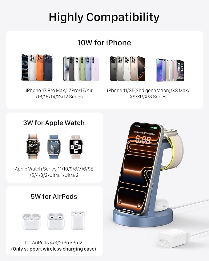 Anlzm 3 in 1 Charging Station for iPhone, Wireless Charger for iPhone 17 16e 16 15 14 13 12 11 X Pro Max & Apple Watch - Charging Stand Dock for AirPods (Blue)