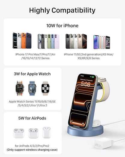 Anlzm 3 in 1 Charging Station for iPhone, Wireless Charger for iPhone 17 16e 16 15 14 13 12 11 X Pro Max & Apple Watch - Charging Stand Dock for AirPods (Blue)