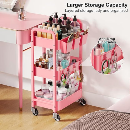 3 Tier Rolling Cart with Wheels, Metal Utility Storage Cart on Wheels, Craft Carts Organizer with Hanging Cups, Hooks, Three Tiered Rolling Carts for Bathroom, Laundry Room, Nursery, Office, Pink