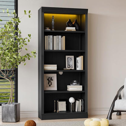 83.4" Tall Wood Bookcase with light strip, 5-Tier Decor Bookshelves with Adjustable Shelves, Storage Organizer for CDs,Books,Movies, Free Standing Storage Shelves for Living Room,Home Office, Black