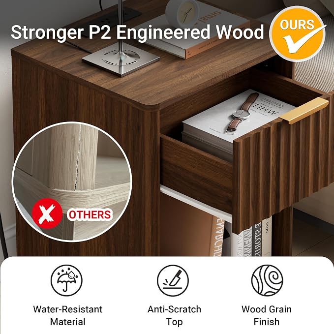 Fluted Nightstand, Night Stand Set 2, Large Walnut Nightstands Set of 2 with Charging Station, 23" Wide End Table with Drawer & Open Shelf, Modern Bedside Table for Bedroom, Curved Corners