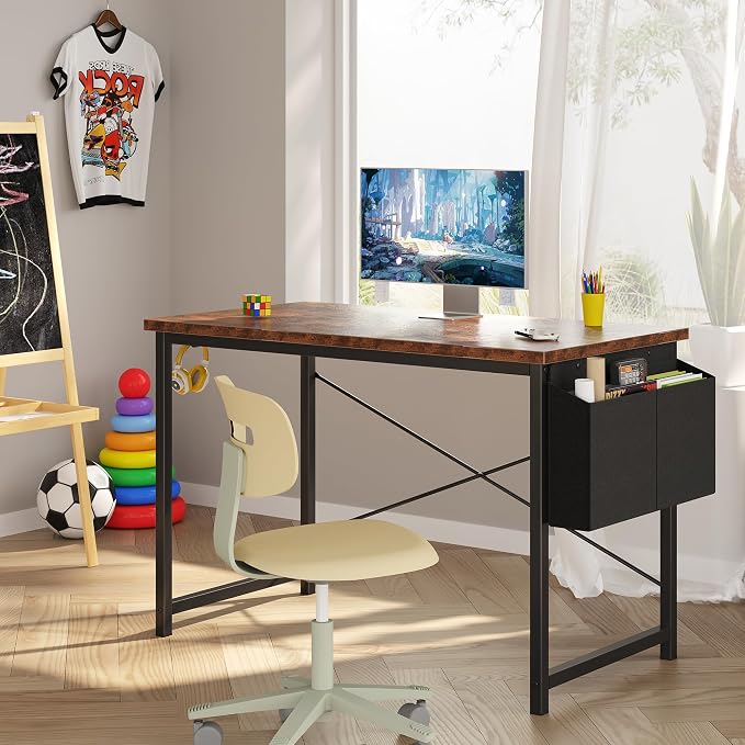 OLIXIS Computer Desk, 44 Inch Home Office Desks for Small Spaces, Writing Craft Study Gaming Table for Bedroom, Modern Computer Workstation with Storage Bag and Headphone Hook, Rustic Brown