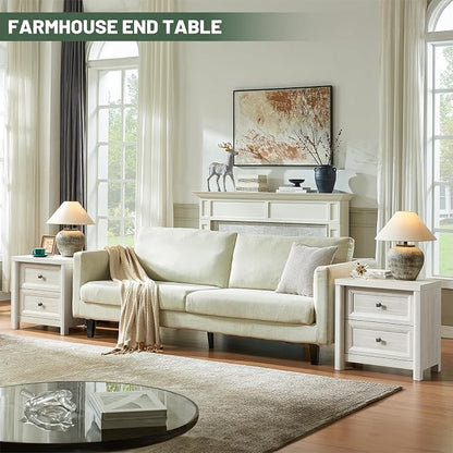 Standifurno White Night Stand with Drawers, Rustic Washed White Nightstand, Farmhouse Bed Side Table for Bedroom, Bedside End Table for Living Room, Bedroom Furniture, Large Storage Wood Nightstand