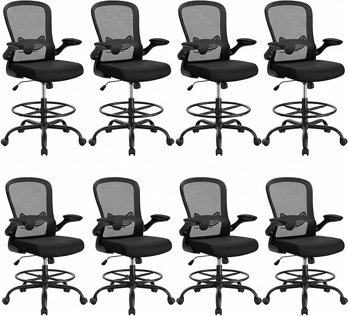 ErGear Drafting Chair, Standing Desk Chair with Flip-Up Armrests, High Desk Chair Adjustable Height, Ergonomic Tall Office Chair with Lumbar Support and Adjustable Footrest Ring,8 Pack