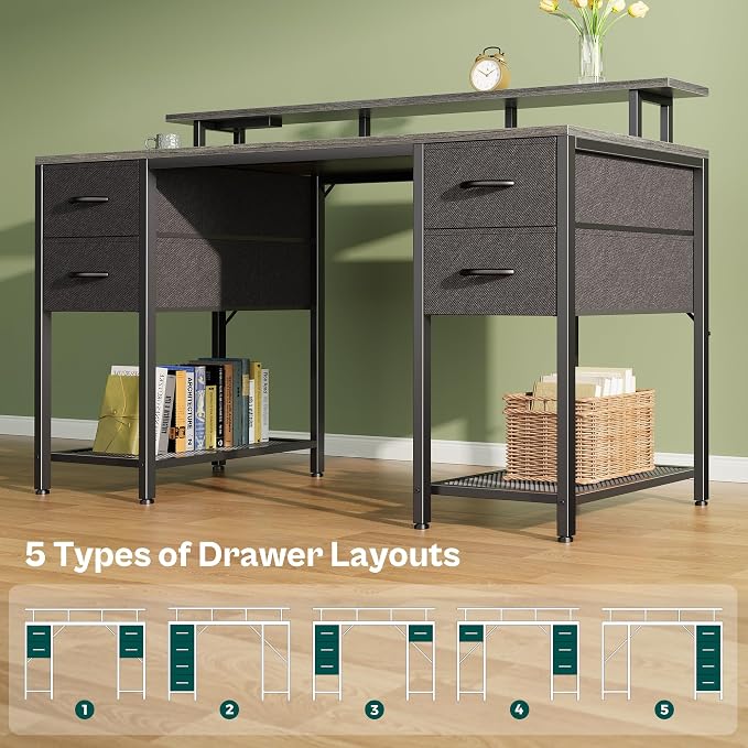 Huuger 55 inch Computer Desk with 4 Drawers, Gaming Desk with LED Lights & Power Outlets, Home Office Desk with Large Storage Space for Bedroom, Work from Home, Gray