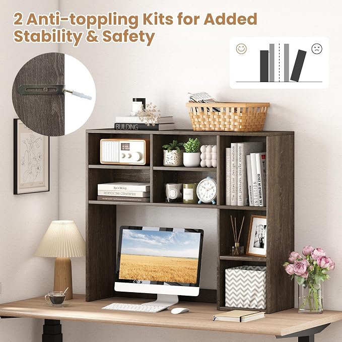 GOFLAME 7 Cubes Desktop Bookshelf, 37” Desk Organizer Shelf with 3 Adjustable Shelves, 3-Tier Wood Countertop Display Rack, Multipurpose Tabletop Desk Hutch for Dorm, Home Office, Gray