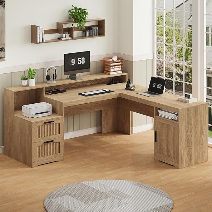 YOMILUVE 63" Farmhouse L Shaped Executive Desk with Drawers & Storage Shelf, Corner Fluted Computer Desk with Power Outlets, L Shaped Office Desk with Monitor Stand, Printer Shelf, Oak