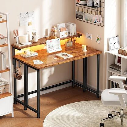 DurayLoly Computer Desk with RGB Light for Small Space, 39.4" Small Folding Desk for Space Saving Sofa Table for Couch, Home Office Desk with Monitor Stand, Easy to Fold with Hooks, Brown