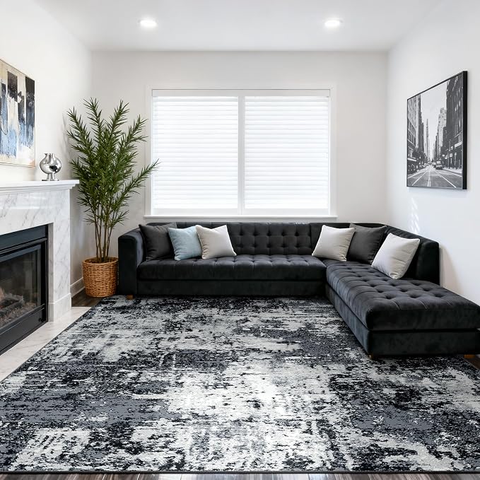RELEANY Washable Area Rugs 9'x12' Non-Slip Modern Abstract Soft for Living Room Entryway Bedroom Kitchen, Print Pattern, Black Navy Blue Gray