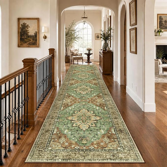 RELEANY Area Rugs Runner 3'x12' Washable Non-Slip, Floral Vintage Distress Medallion Carpet for Kitchen Hallway Bedroom Beside Laundry Room Bathroom, Terracotta Burnt Orange Green