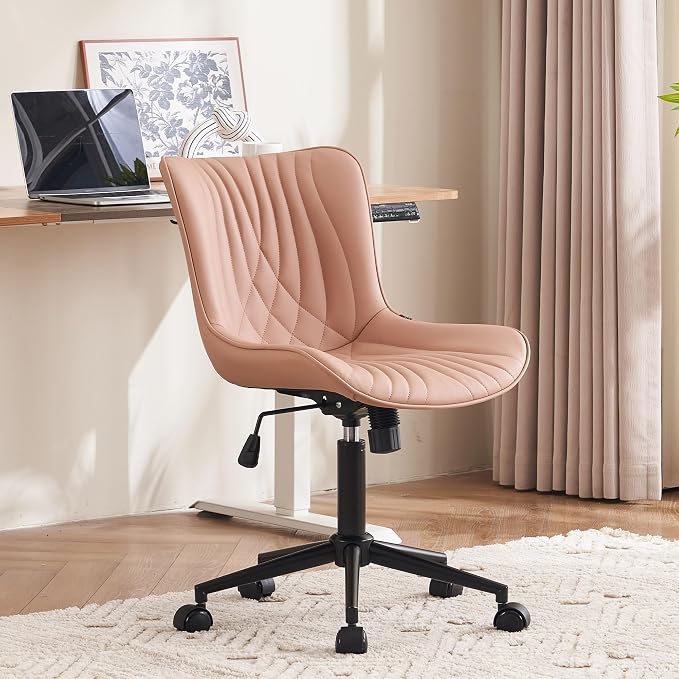 YOUTASTE Pink Modern Office Chair, Faux Leather Armless Desk Chair with Wheels, Height Adjustable, Swivel, Rocking, 300 lbs Capacity, Metal Base, for Home Office Vanity