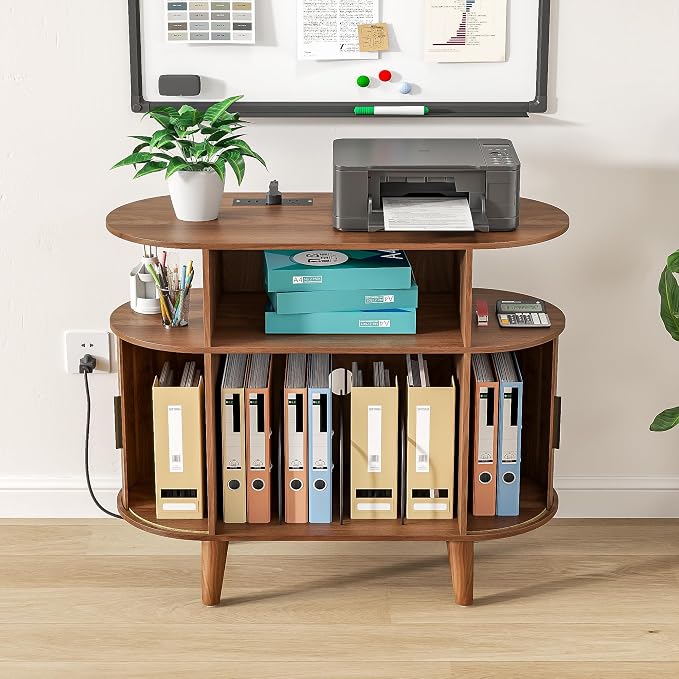 Fiogmub Round Printer Stand with Charging Station & USB Ports, 35.4 x15.7 x 30 Inches Large Printer Table 3 Tier with Storage Shelf for Home Office (Walnut)