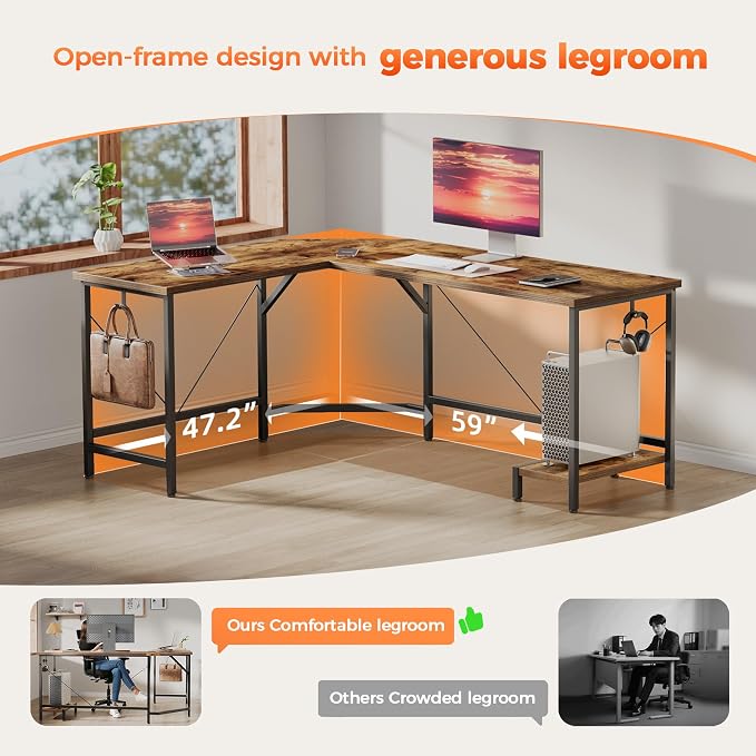 Mericonia 59 inch Large L Shaped Desk, Simple Corner Gaming Desk with CPU Stand & Hooks, Computer Desk for Home, Bedroom & Office Workspace, Rustic Brown