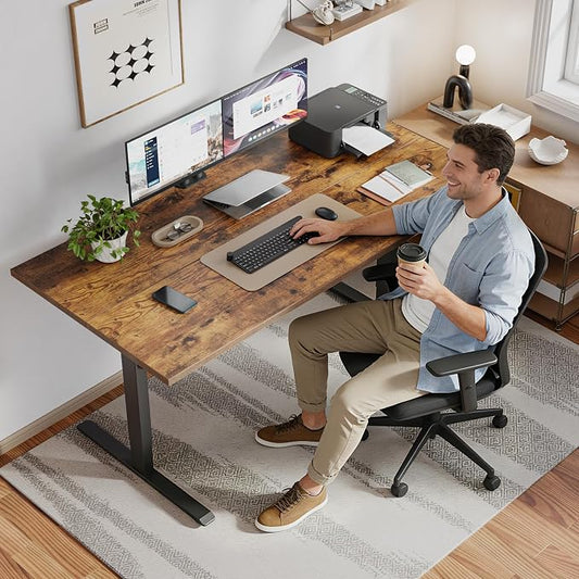 Klicelor 55 x 28 Electric Standing Desk, Sit Stand Up Home Office Desk, Height Adjustable Deep Cumputer Table with Memory Presets and Hooks, Two Pieces, Rustic Brown