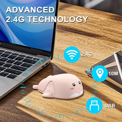 CHUYI Cute Animal Dolphin Shape Wireless Silent Mouse Frosted Cartoon Portable Travel Mute 1600DPI Novelty Optical Unique Cordless Quiet Mice for Computer Laptop PC Gift (1 Pack-Pink)
