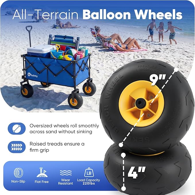 Sekey Heavy Duty Beach Wagon with 9" Big Sand-Proof Wheels – 600lb Capacity, 200L Oversized Foldable Cart | Adjustable Handle & All-Terrain Tires for Sand, Camping, Groceries