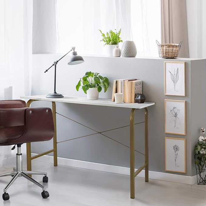 Versanora Teamson Home's Faux White Marble Top Compact Modern Desk with Brass-Finished Arched Legs and Sleek, Contemporary Silhouette