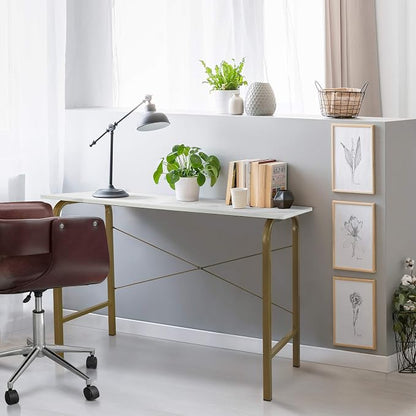 Versanora Teamson Home's Faux White Marble Top Compact Modern Desk with Brass-Finished Arched Legs and Sleek, Contemporary Silhouette