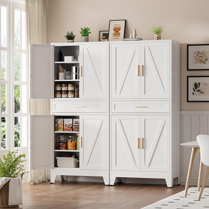 Metal Storage Cabinets with Drawer, 71" Filing Cabinet with 4 Adjustable Shelves & 4 Doors, Modern Abstract Rhombus Geometric Design File Cabinet for Home,Office,Garage,Shop,School, White