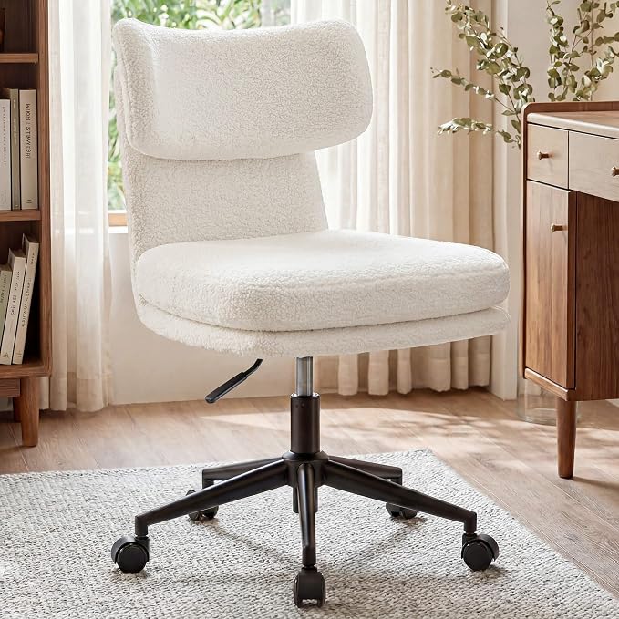 COMHOMA Vanity Chair with Ergonomic Curved Backrest, Home Office Desk Chair with Silent Wheel, Wide Seating Computer Chair for Girls Women Bedroom, Soft Teddy Fabric, White
