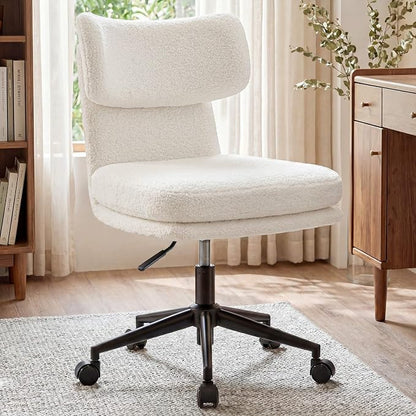COMHOMA Vanity Chair with Ergonomic Curved Backrest, Home Office Desk Chair with Silent Wheel, Wide Seating Computer Chair for Girls Women Bedroom, Soft Teddy Fabric, White