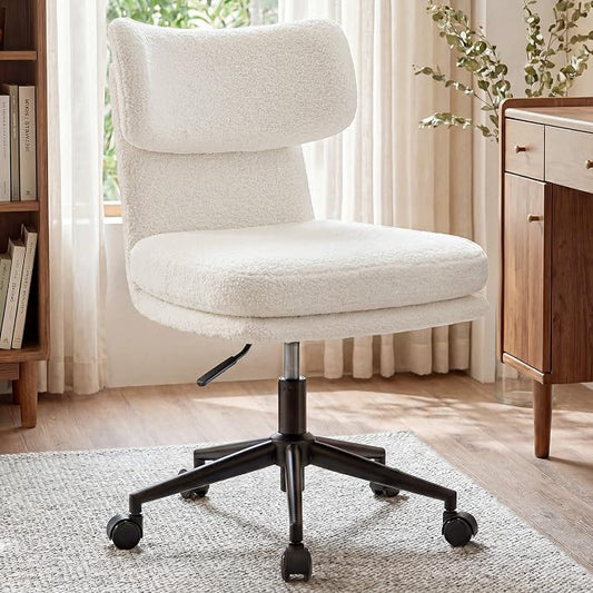 COMHOMA Vanity Chair with Ergonomic Curved Backrest, Home Office Desk Chair with Silent Wheel, Wide Seating Computer Chair for Girls Women Bedroom, Soft Teddy Fabric, White