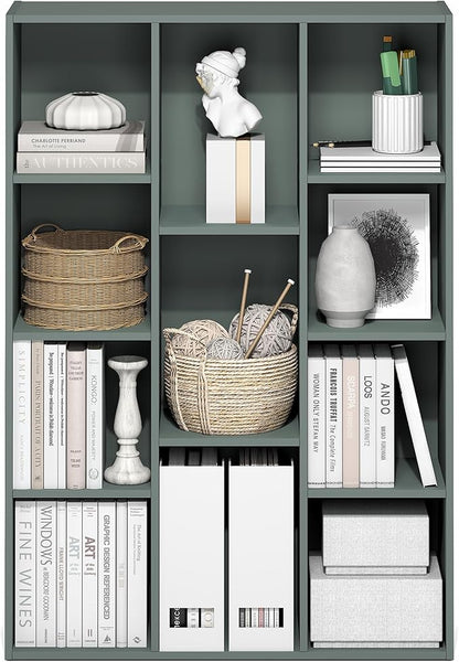 Furinno LUDER Book Shelf, 11-Cube Bookshelf, Reversible Bookcase, 9.4 x 29.1 x 41.7, Easy Assembly, for Living Room, Bedroom, Home Office, Sage Green