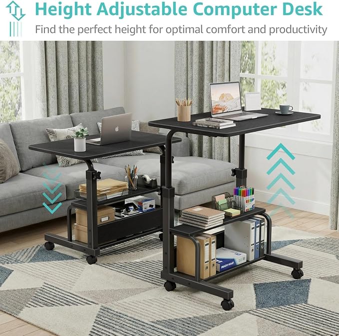WINAZ Small Portable Rolling Kids Desk - 32" Mobile Laptop Desk with Wheels for Small Spaces, Height Adjustable C Shaped Side Table with 2-Tier Storage Shelves, Black