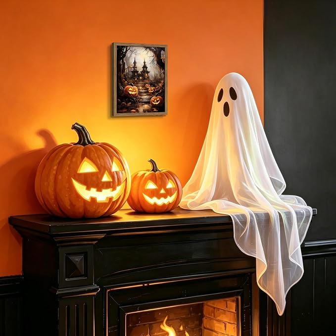 Framed Vintage Halloween Wall Art - Spooky Haunted House Canvas Print, Gothic Halloween Wall Decor, Fall Pumpkin Picture Painting for Living Room Bedroom Home, 8x10in Wood Frame