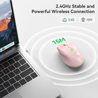 TECKNET Wireless Mouse, 2.4G USB Computer Mouse with 6-Level Adjustable 4800 DPI, 30 Months Battery, Ergonomic Grips, 6 Buttons Portable for PC, Chromebook, Mac - Pink