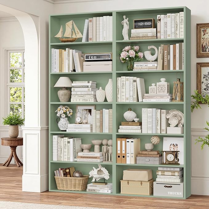 FOTOSOK 6-Tier Open Bookcase and Bookshelf, Freestanding Display Storage Shelves Tall Bookcase for Bedroom, Living Room and Office,Green Set of 2