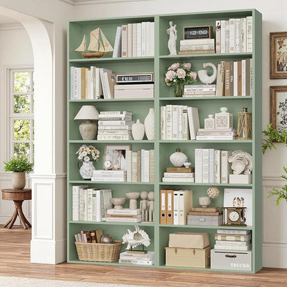 FOTOSOK 6-Tier Open Bookcase and Bookshelf, Freestanding Display Storage Shelves Tall Bookcase for Bedroom, Living Room and Office,Green Set of 2