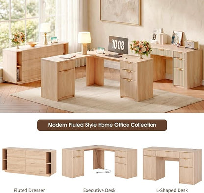Whalefall 63'' Fluted L Shaped Desk with Drawers, Natural Oak | Corner Computer Desk with Charging Station, Modern Executive Home Office L Desk with File Cabinet Storage