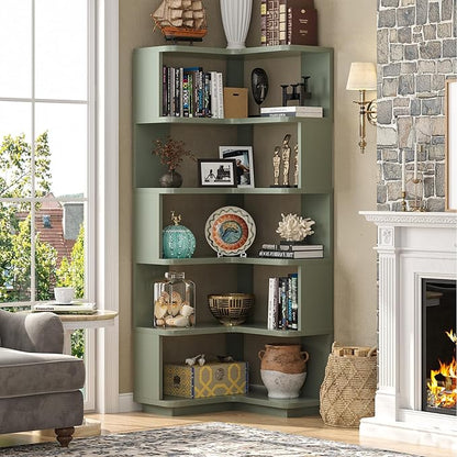 Armocity Corner Book Shelf - 6 Tier Corner Bookshelf Etagere Bookcase with Baffle, Freestanding L Shaped Display Shelf Stand for Home Office, Living Room, Bedroom, Kitchen, Crab Green