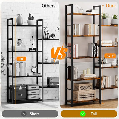 Shintenchi Triple 5 Tier Bookshelf, Industrial Large Bookcase with 14 Open Display Shelves, Large Etagere Bookshelf,Wide Book Shelf Book Case for Home & Office, Brown